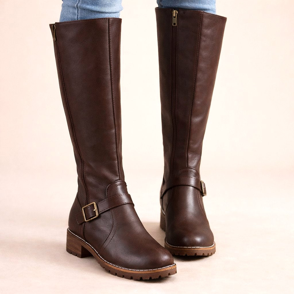 Maisie | Women's Knee-High Leather Boots, Side-Zip Block Heel Riding Boots | The Dress Cellar