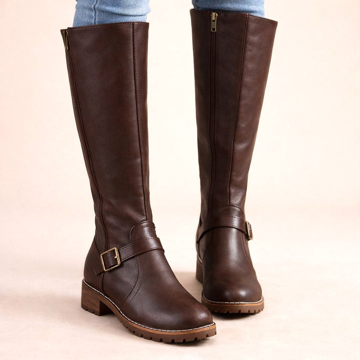 Maisie | Women's Knee-High Leather Boots, Side-Zip Block Heel Riding Boots | The Dress Cellar