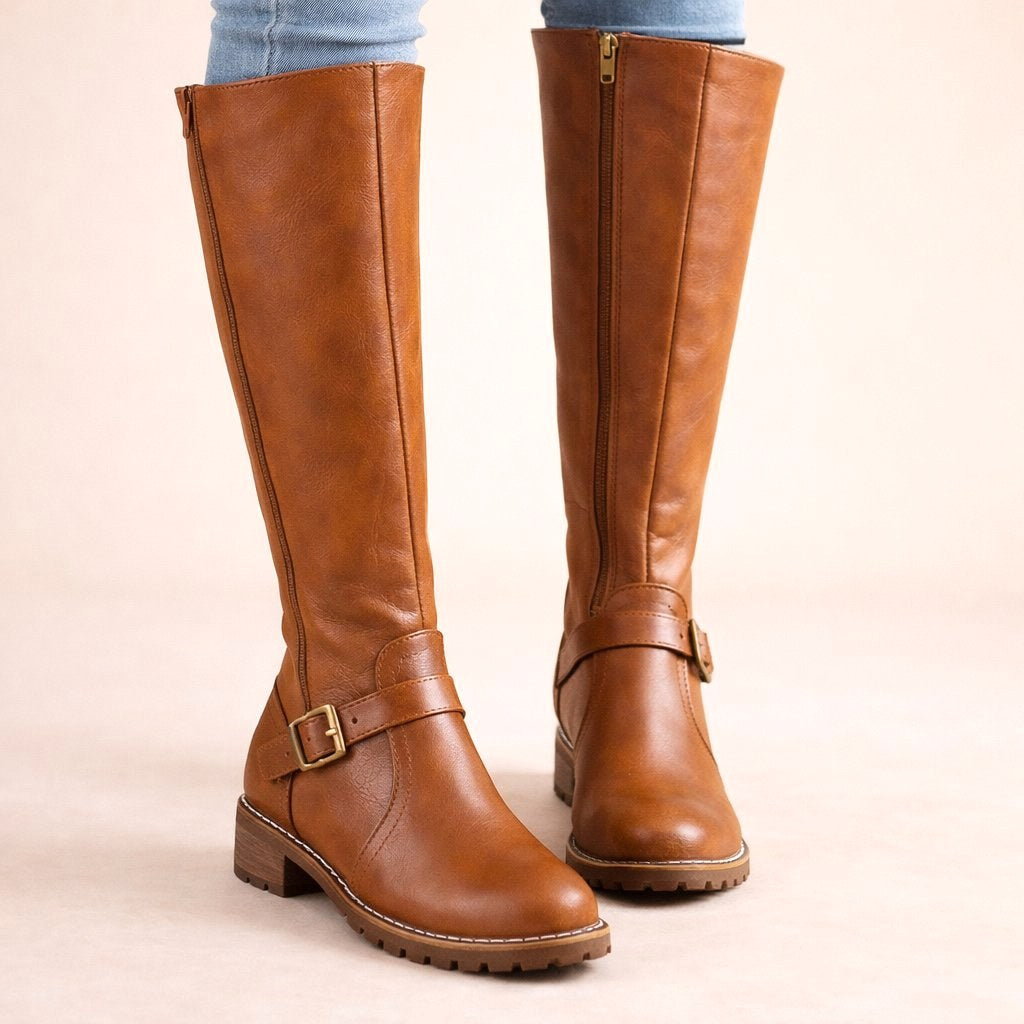 Maisie | Women's Knee-High Leather Boots, Side-Zip Block Heel Riding Boots | The Dress Cellar