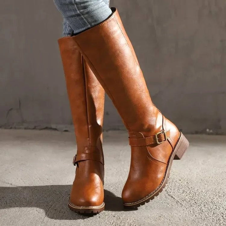 Maisie | Women's Knee-High Leather Boots, Side-Zip Block Heel Riding Boots | The Dress Cellar