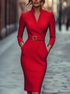 Maja | Women's Midi Dress with Belted Waist and Long Sleeves, Soft Knit Midi Dress | The Dress Cellar