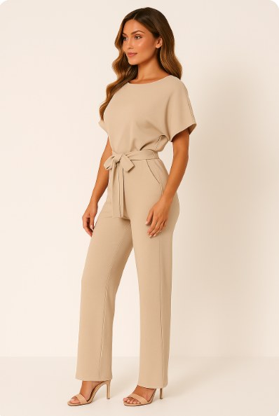 Makenna | Women's Ponte Knit Batwing Jumpsuit - Beige