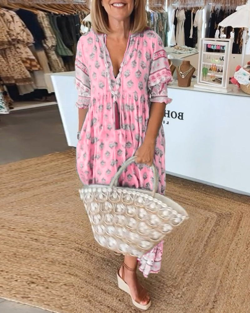 Mana | Women's Floral V-Neck Midi Dress - Pink