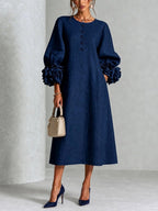 Margaret | Women's A-Line Midi Dress with Floral Cuffs | The Dress Cellar