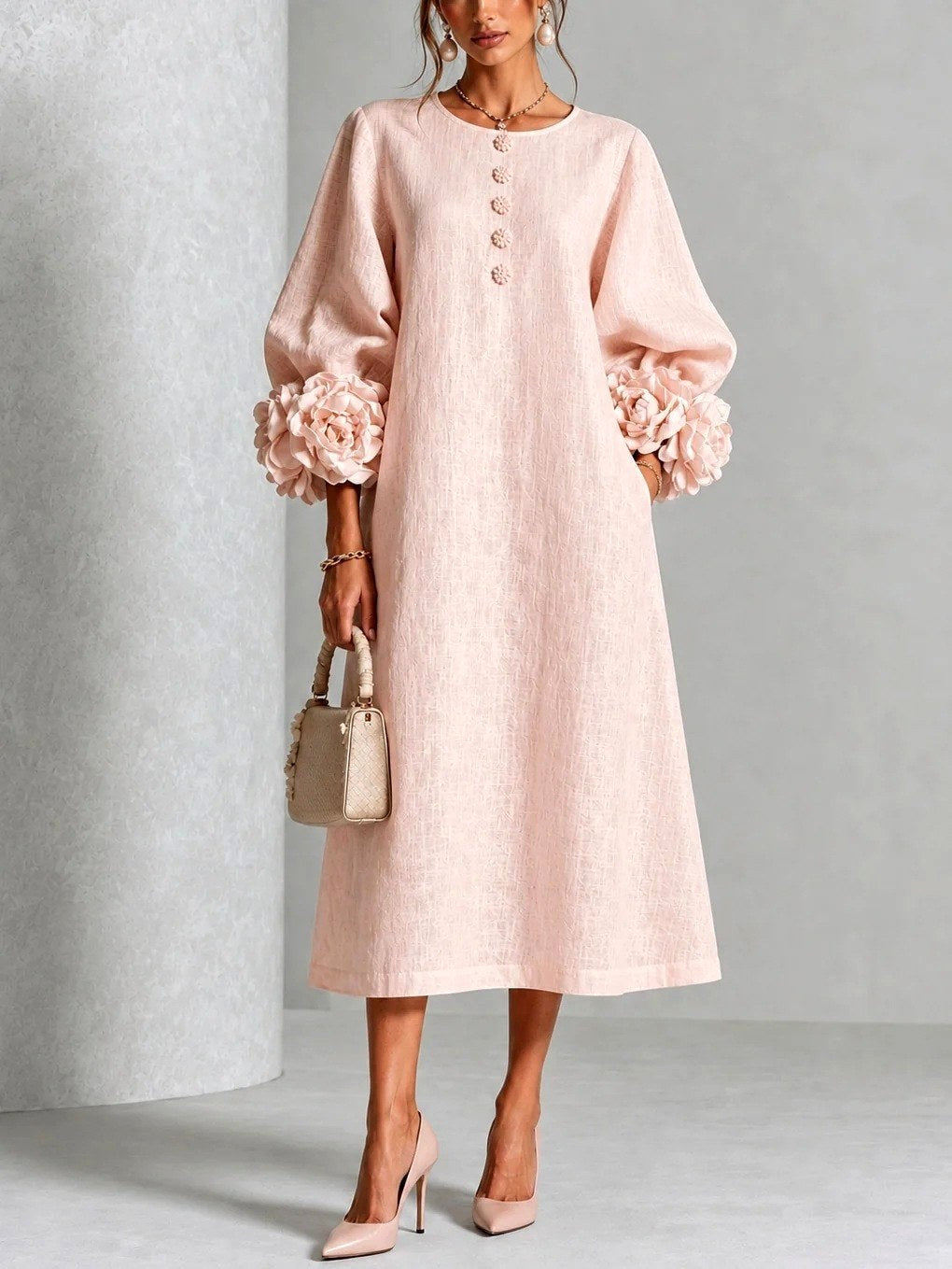Margaret | Women's A-Line Midi Dress with Floral Cuffs | The Dress Cellar