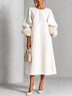 Margaret | Women's A-Line Midi Dress with Floral Cuffs | The Dress Cellar