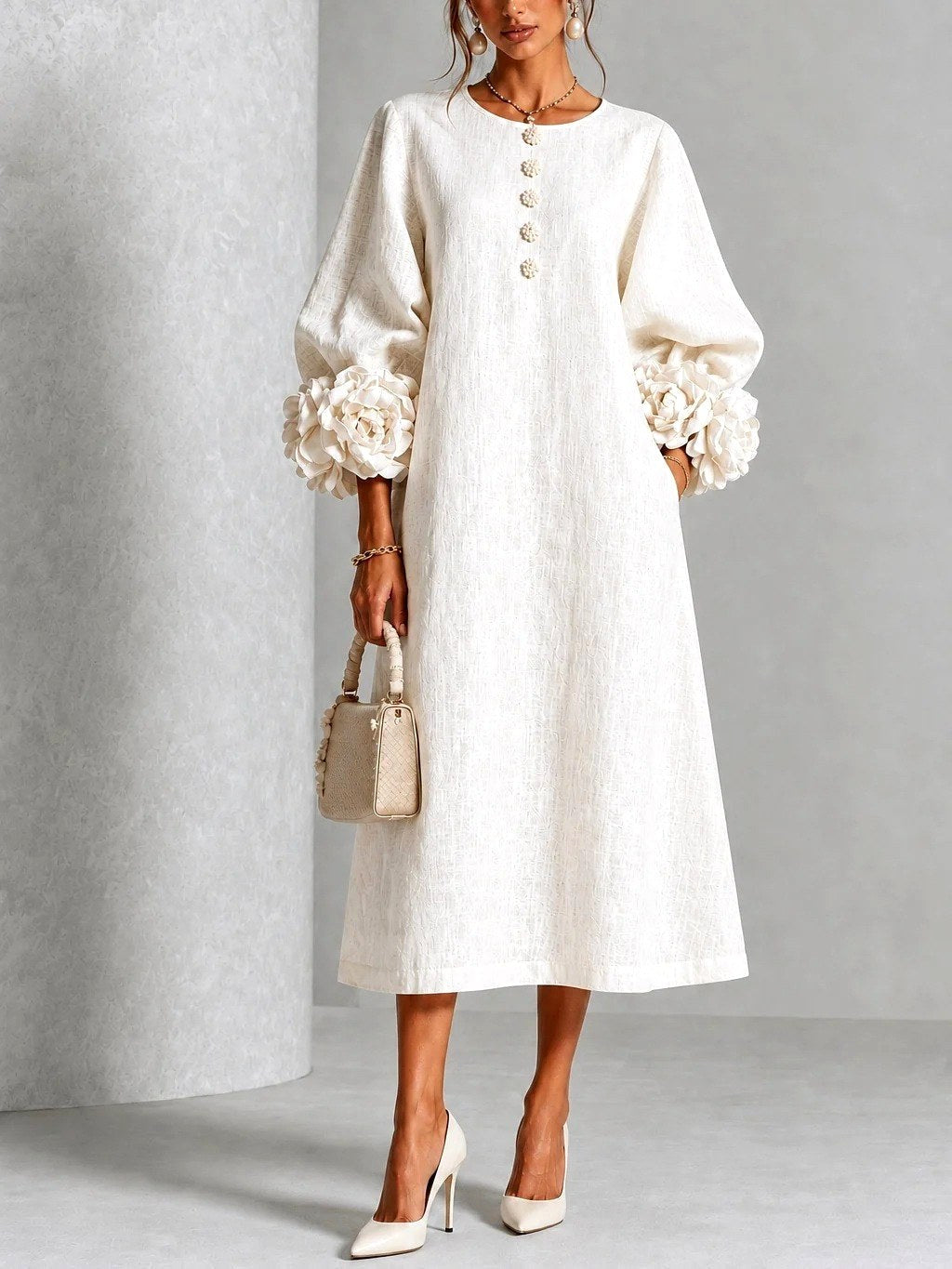 Margaret | Women's A-Line Midi Dress with Floral Cuffs | The Dress Cellar