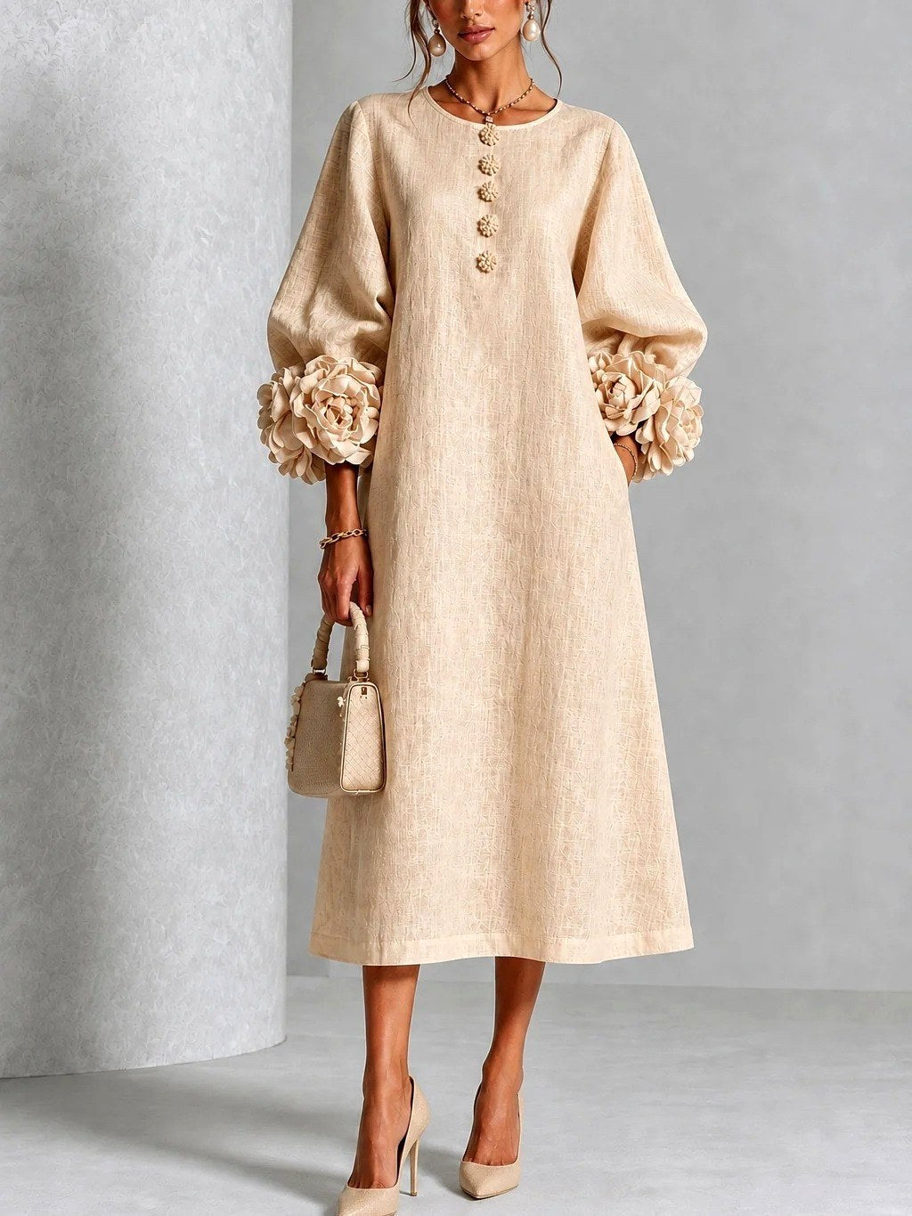 Margaret | Women's A-Line Midi Dress with Floral Cuffs | The Dress Cellar