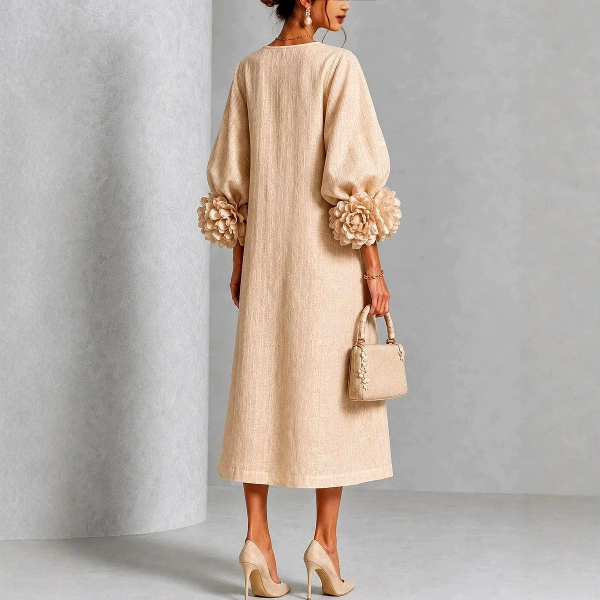 Margaret | Women's A-Line Midi Dress with Floral Cuffs | The Dress Cellar