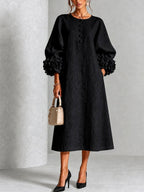 Margaret | Women's A-Line Midi Dress with Floral Cuffs | The Dress Cellar