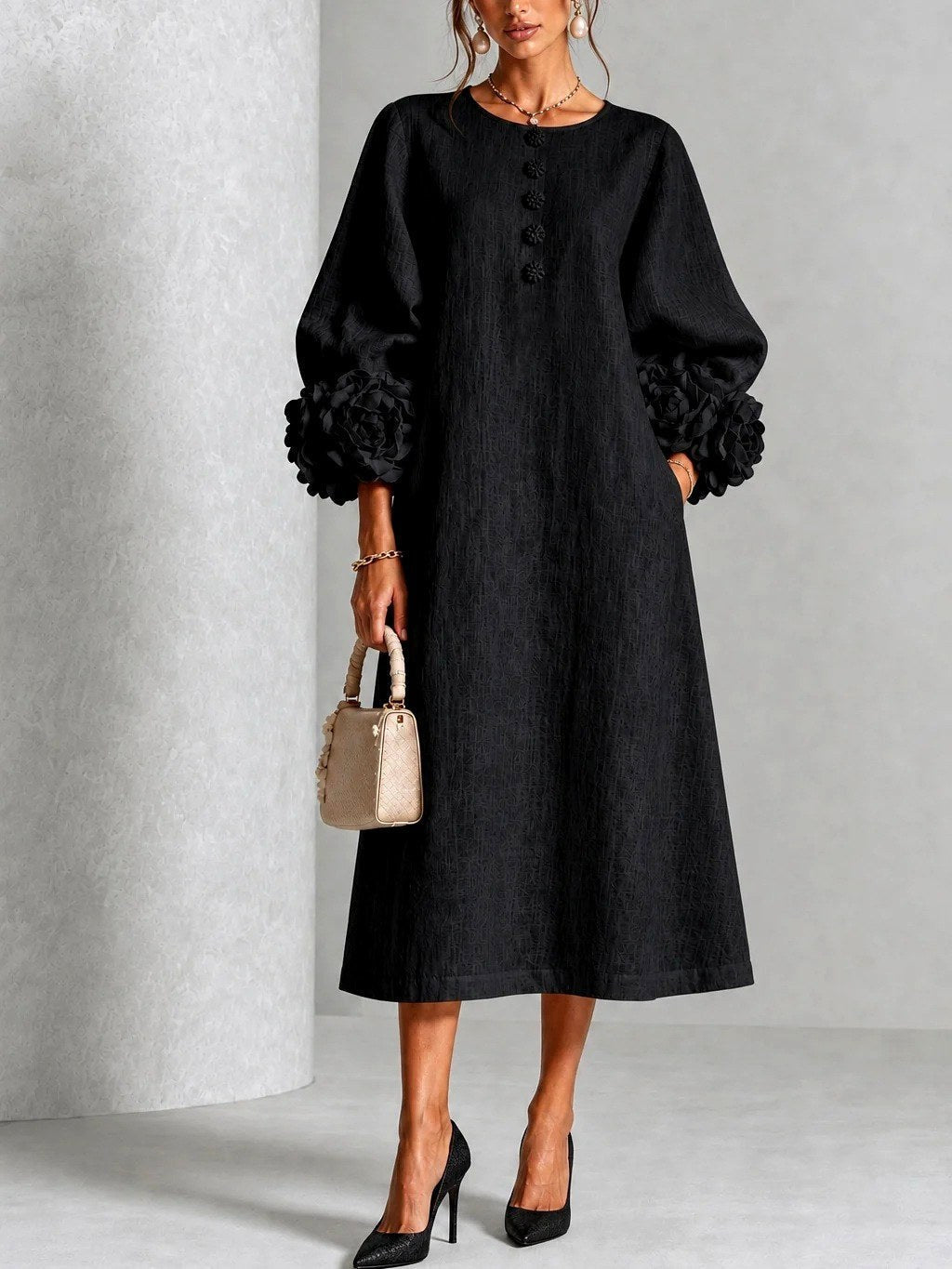 Margaret | Women's A-Line Midi Dress with Floral Cuffs | The Dress Cellar
