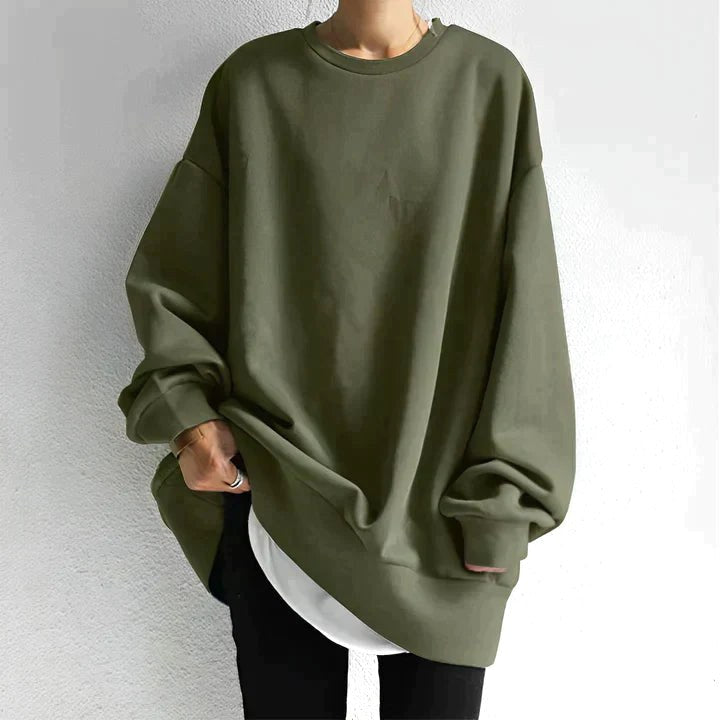 Marianne | Women's Oversized Crew Neck Tunic Sweater, Drop Shoulder Knitwear | The Dress Cellar | Army Green