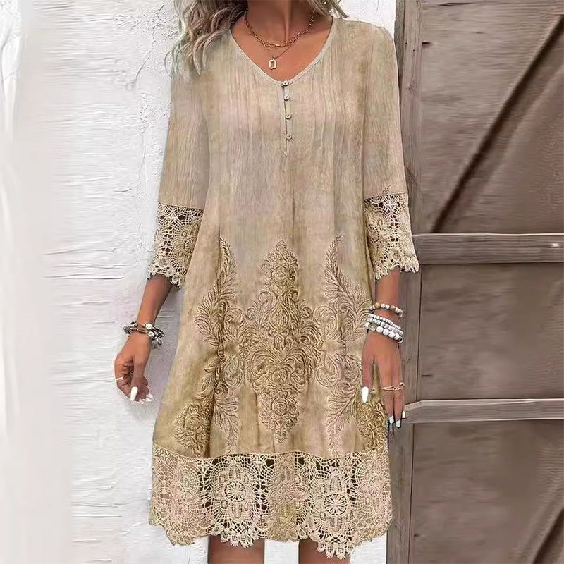 Maribel | Women's Floral Midi Dress - Khaki