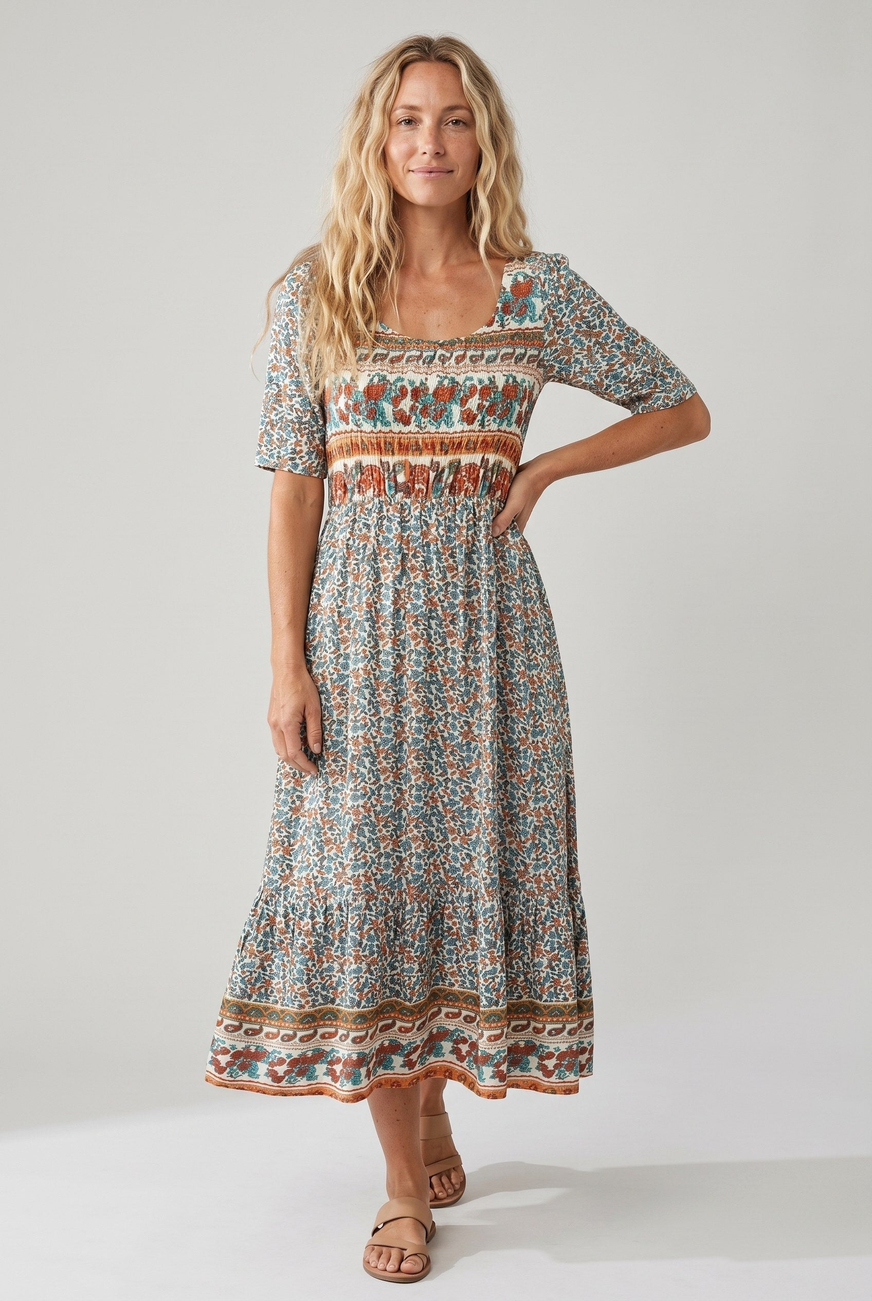 Marlowe | Women's Boho Print Midi Dress - Multicolor B