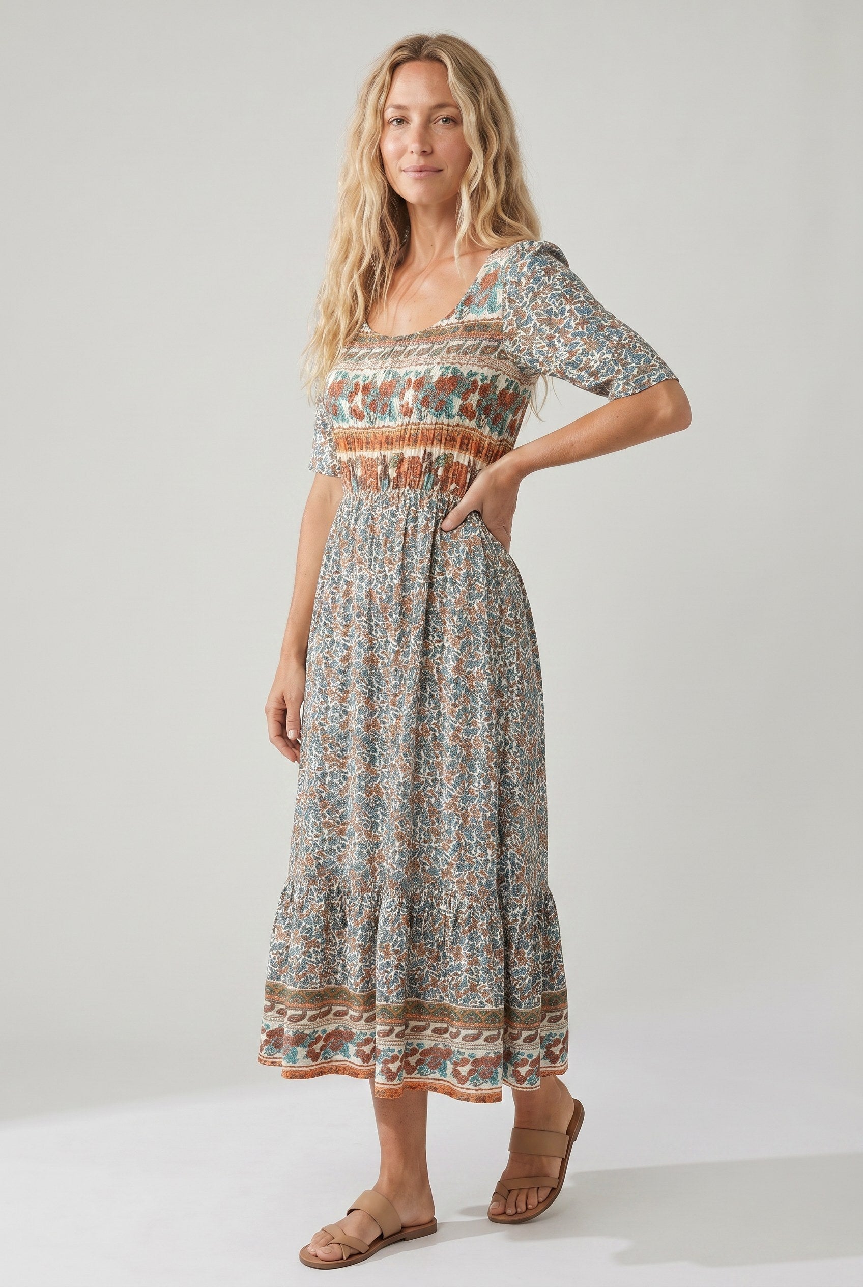 Marlowe | Women's Boho Print Midi Dress - Multicolor C