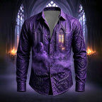 Mason | Men's Gothic Print Button-Up Shirt, Halloween Statement Shirt | The Dress Cellar | Purple