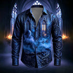 Mason | Men's Gothic Print Button-Up Shirt, Halloween Statement Shirt | The Dress Cellar | Dark Blue