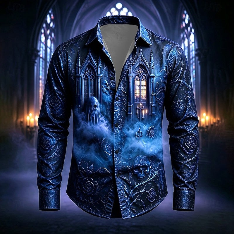 Mason | Men's Gothic Print Button-Up Shirt, Halloween Statement Shirt | The Dress Cellar | Dark Blue