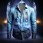 Mason | Men's Gothic Print Button-Up Shirt, Halloween Statement Shirt | The Dress Cellar | Blue