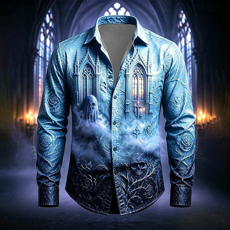 Mason | Men's Gothic Print Button-Up Shirt, Halloween Statement Shirt | The Dress Cellar | Blue