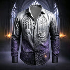 Mason | Men's Gothic Print Button-Up Shirt, Halloween Statement Shirt | The Dress Cellar | White / Purple