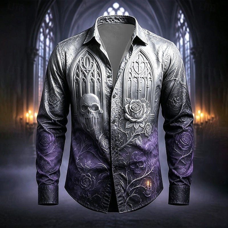 Mason | Men's Gothic Print Button-Up Shirt, Halloween Statement Shirt | The Dress Cellar | White / Purple