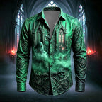 Mason | Men's Gothic Print Button-Up Shirt, Halloween Statement Shirt | The Dress Cellar | Green