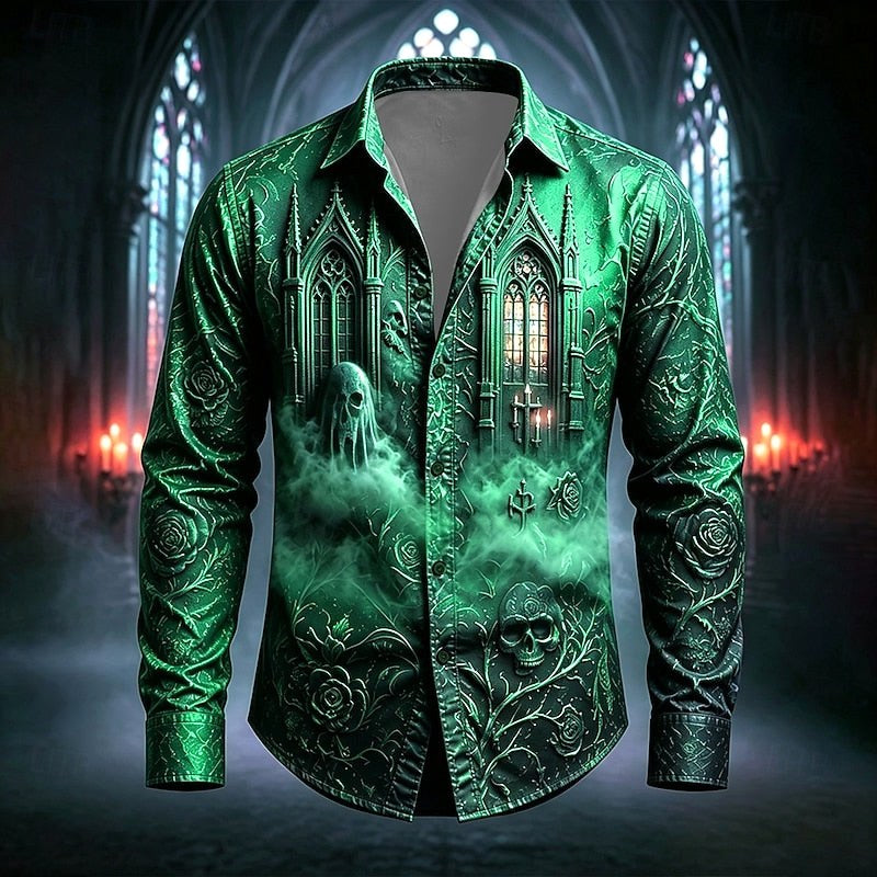 Mason | Men's Gothic Print Button-Up Shirt, Halloween Statement Shirt | The Dress Cellar | Green