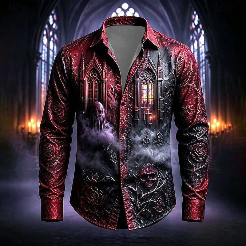 Mason | Men's Gothic Print Button-Up Shirt, Halloween Statement Shirt | The Dress Cellar | Red