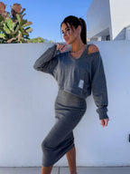 Mathilde | Women's Two-Piece Sweatshirt and Dress Set, Relaxed Layering Set | The Dress Cellar | Gray