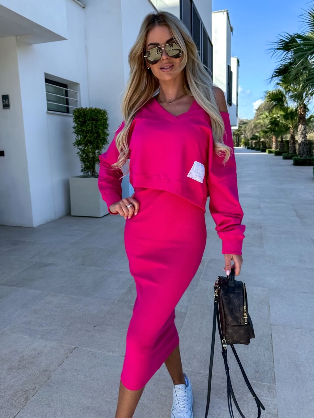 Mathilde | Women's Two-Piece Sweatshirt and Dress Set, Relaxed Layering Set | The Dress Cellar | Fuchsia