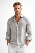 Matthew | Men's Linen Button-Down Shirt, Long Sleeve Relaxed Fit Shirt | The Dress Cellar | Grey