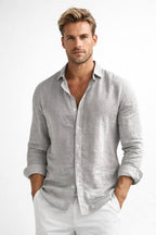 Matthew | Men's Linen Button-Down Shirt, Long Sleeve Relaxed Fit Shirt | The Dress Cellar | Grey