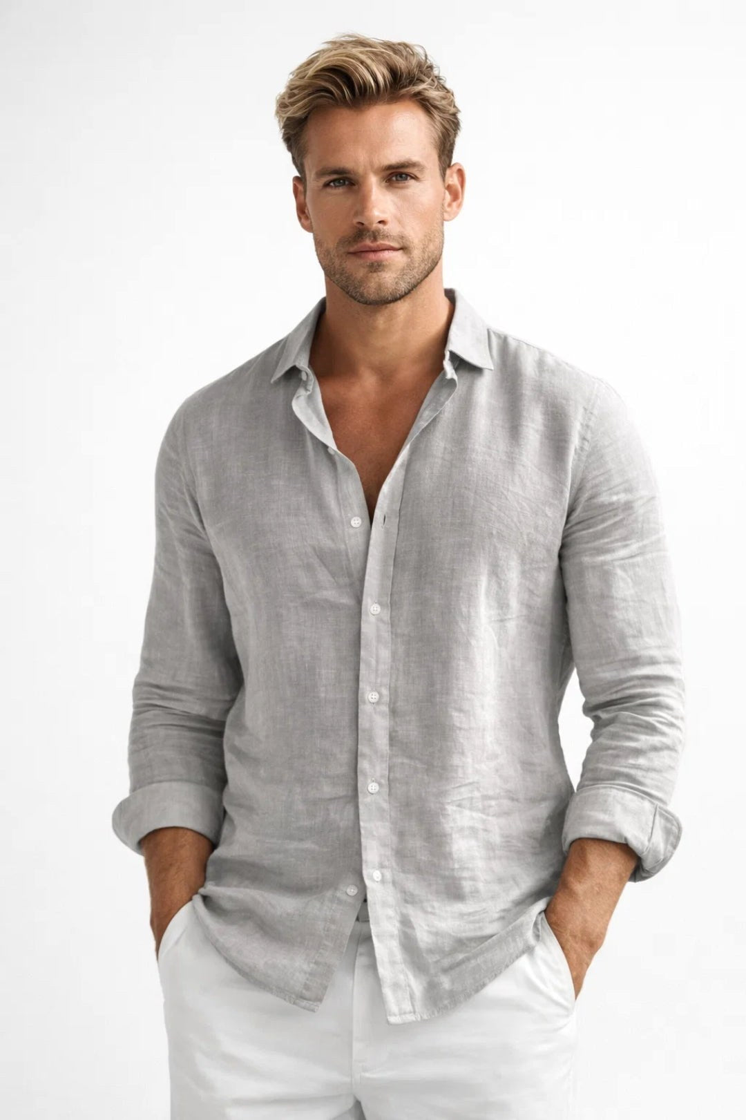 Matthew | Men's Linen Button-Down Shirt, Long Sleeve Relaxed Fit Shirt | The Dress Cellar | Grey