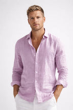 Matthew | Men's Linen Button-Down Shirt, Long Sleeve Relaxed Fit Shirt | The Dress Cellar | Pink