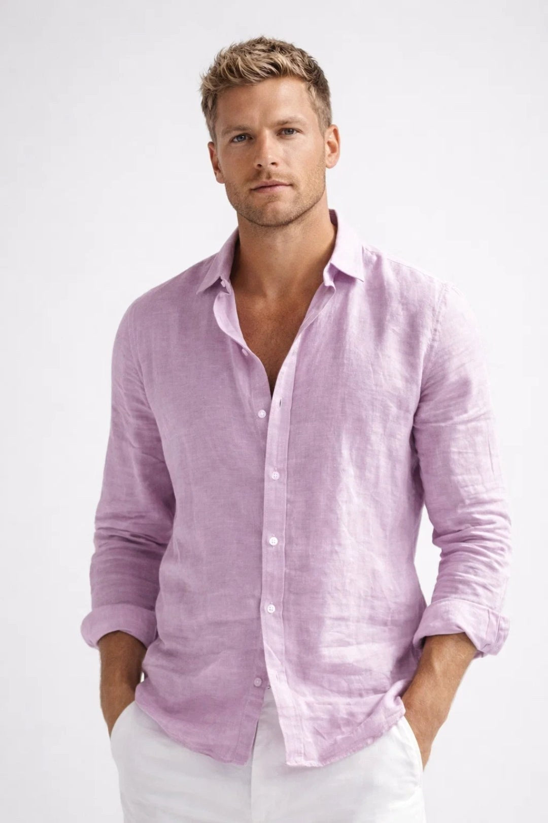 Matthew | Men's Linen Button-Down Shirt, Long Sleeve Relaxed Fit Shirt | The Dress Cellar | Pink
