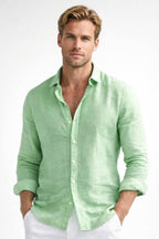 Matthew | Men's Linen Button-Down Shirt, Long Sleeve Relaxed Fit Shirt | The Dress Cellar | Green
