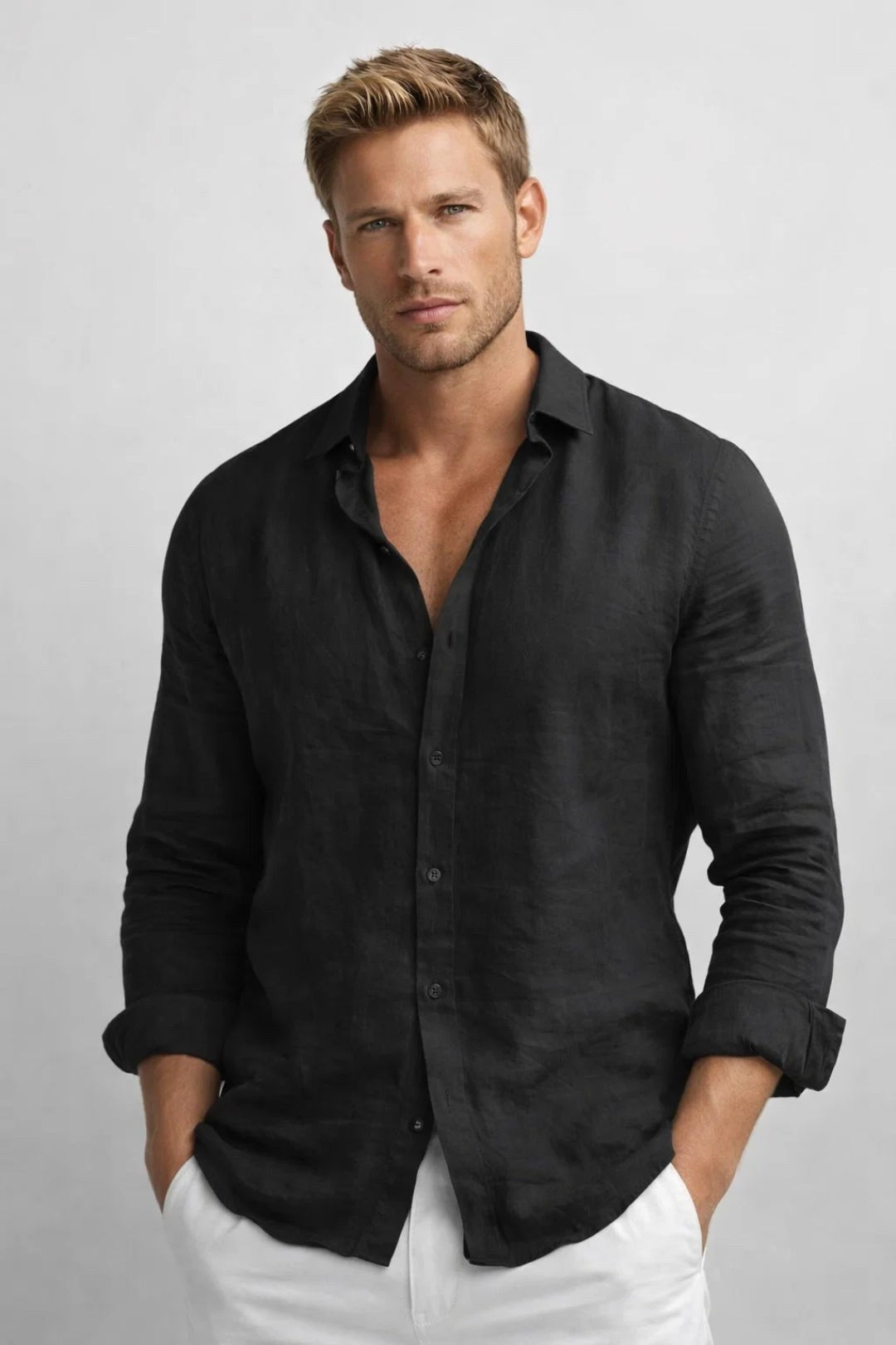 Matthew | Men's Linen Button-Down Shirt, Long Sleeve Relaxed Fit Shirt | The Dress Cellar | Black