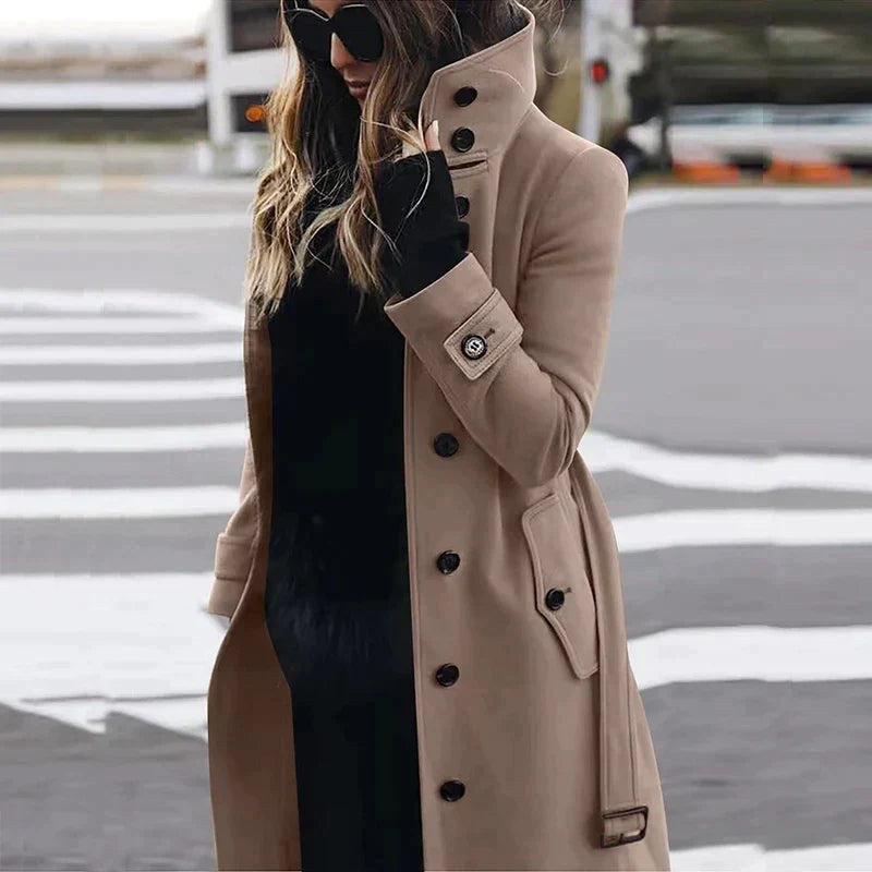 Sloane | Women's Double-Breasted Trench Coat with Waist Belt, Collared Fall Coat | The Dress Cellar
