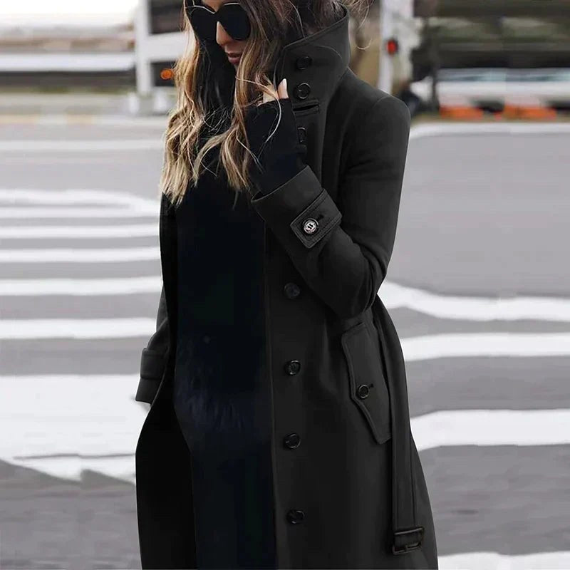 Sloane | Women's Double-Breasted Trench Coat with Waist Belt, Collared Fall Coat | The Dress Cellar