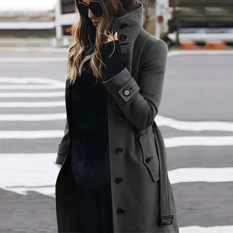 Sloane | Women's Double-Breasted Trench Coat with Waist Belt, Collared Fall Coat | The Dress Cellar