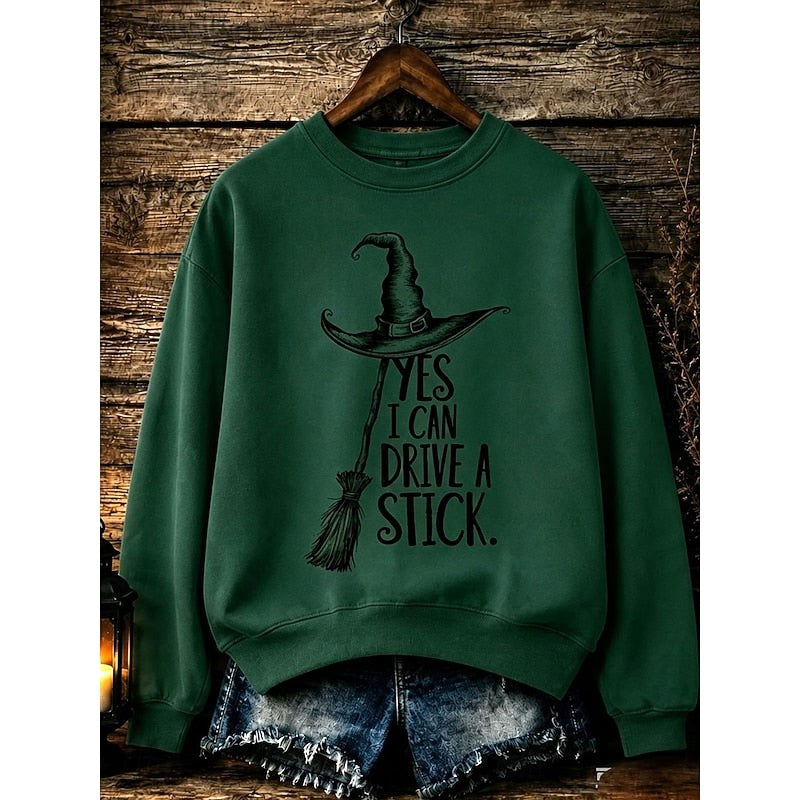 Megan | Women's Halloween Witch Graphic Sweatshirt, Relaxed Crew Neck Sweater | The Dress Cellar | Beige