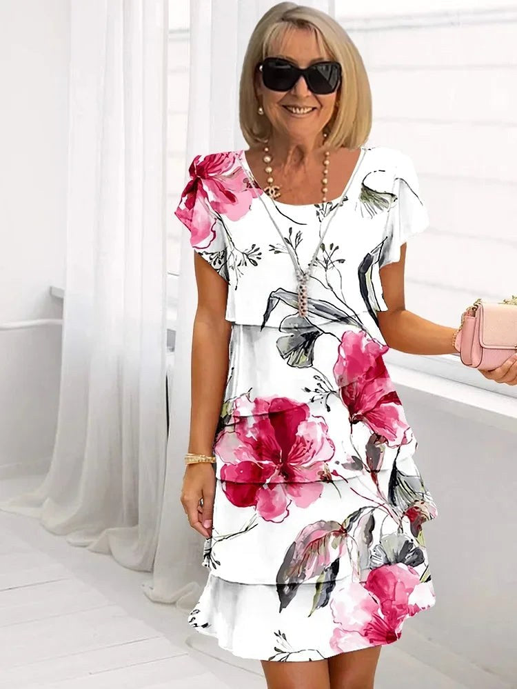Mia | Women's Ruffled Floral Pleated Dress - White