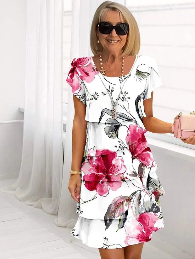 Mia | Women's Ruffled Floral Pleated Dress - White