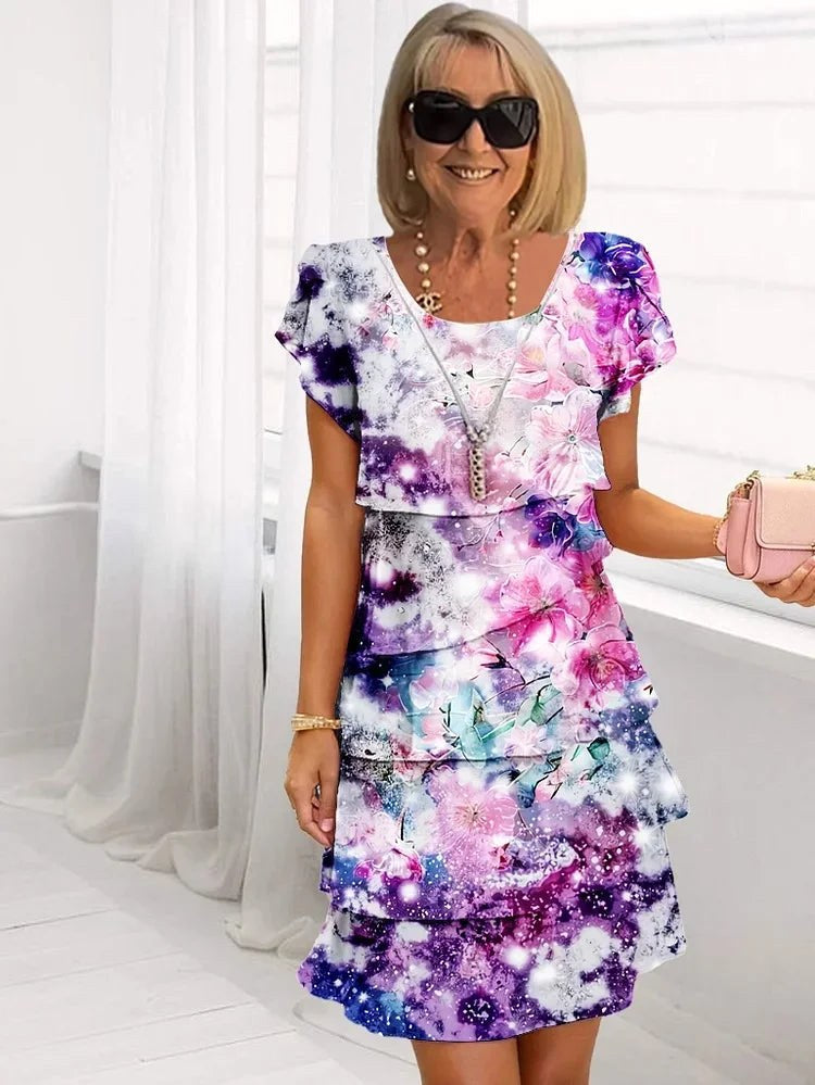 Mia | Women's Ruffled Floral Pleated Dress - Purple