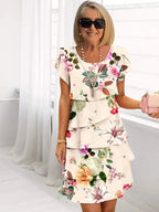 Mia | Women's Ruffled Floral Pleated Dress - Beige