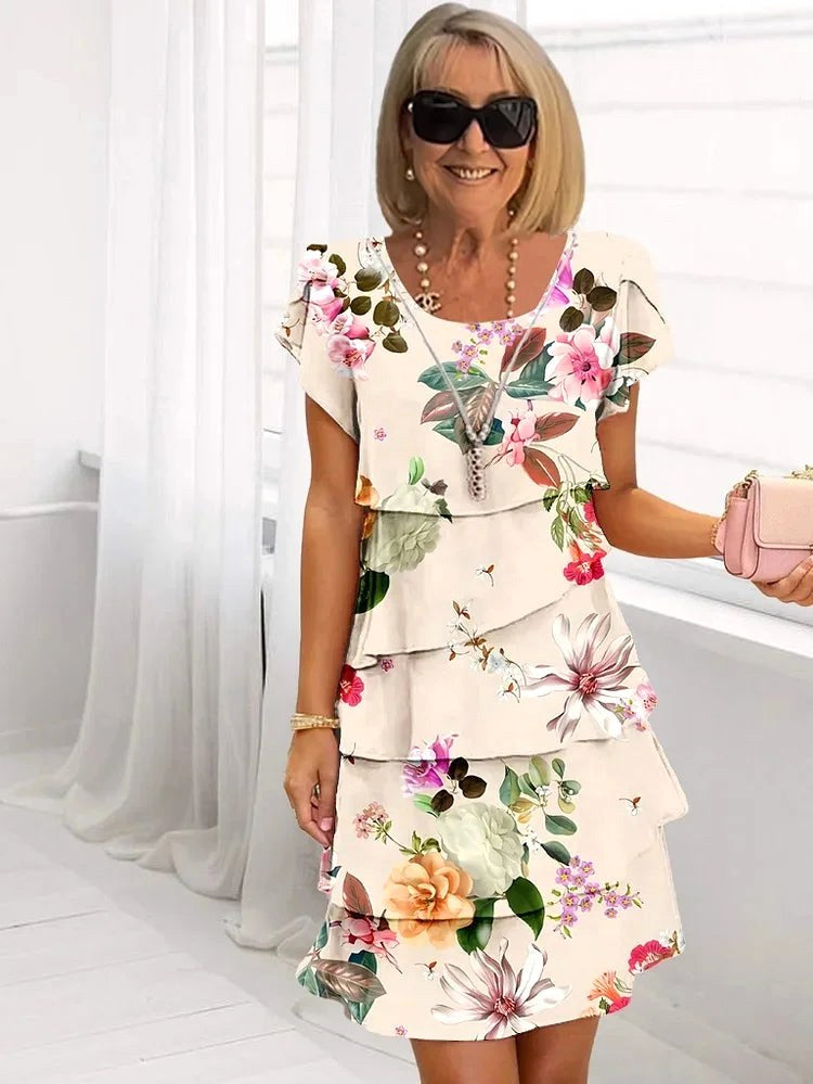 Mia | Women's Ruffled Floral Pleated Dress - Beige
