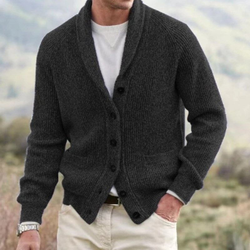Michael | Men's Shawl Collar Cardigan with Button Front, Ribbed Knit Long Sleeve Cardigan | The Dress Cellar | Black