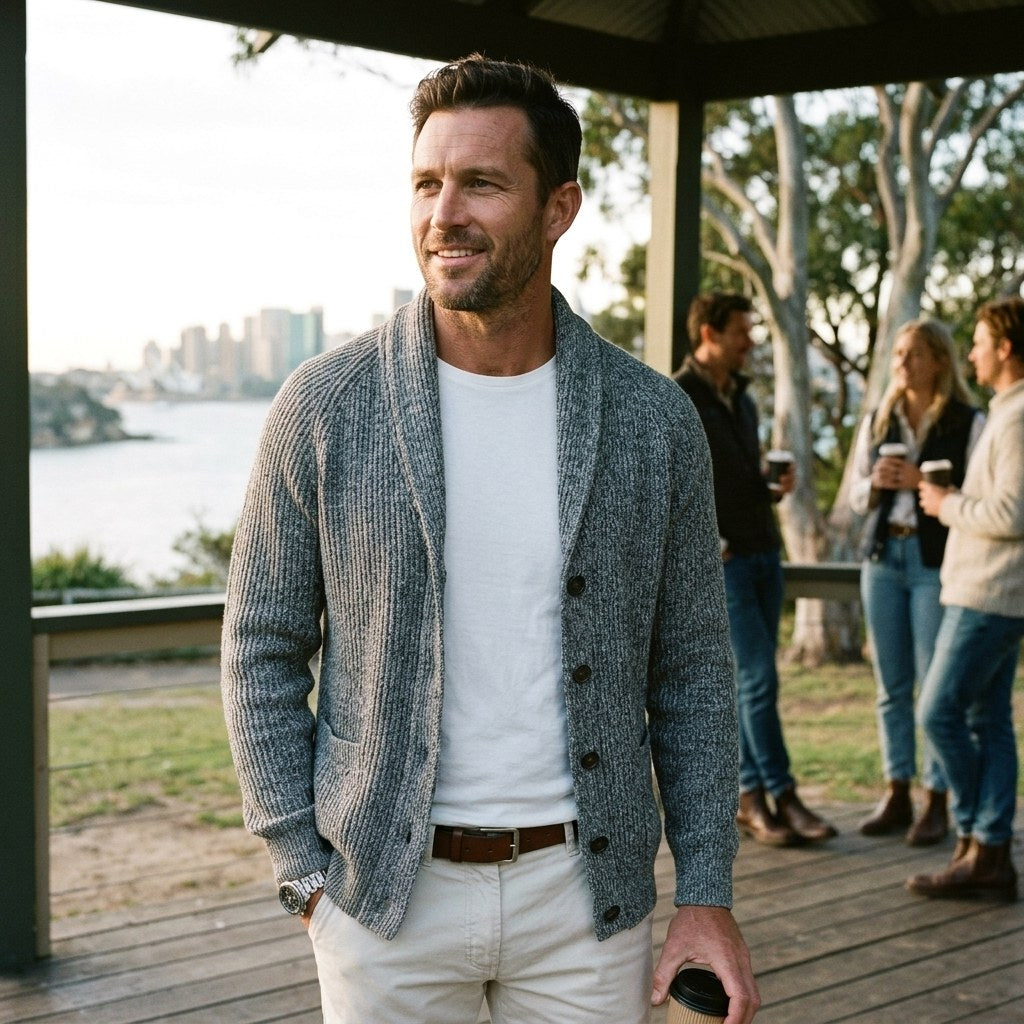 Michael | Men's Shawl Collar Cardigan with Button Front, Ribbed Knit Long Sleeve Cardigan | The Dress Cellar