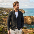 Michael | Men's Shawl Collar Cardigan with Button Front, Ribbed Knit Long Sleeve Cardigan | The Dress Cellar | Khaki